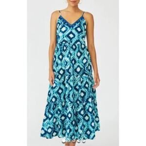 FIGUE saks turquoise indigo blue white dyed Shibori print cotton Abby midi dress